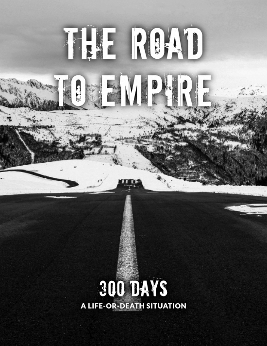 Cover image of The Road to Empire adventure booklet, features a snowy mountain highway.